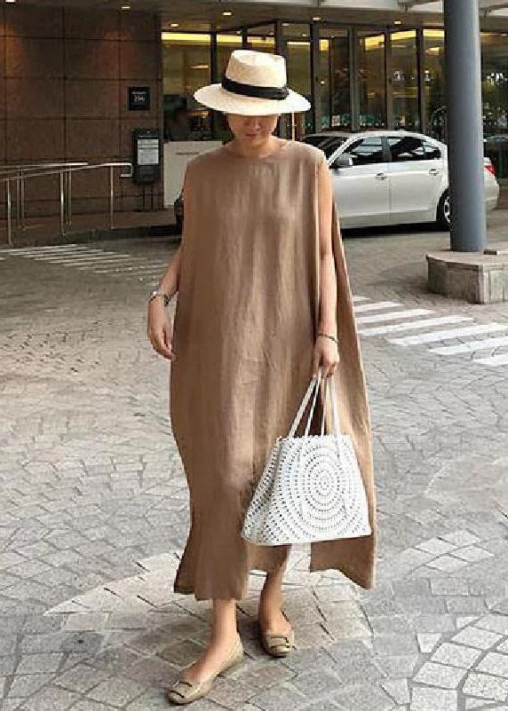 O Neck Side Open Linen Cotton Clothes Fabrics Color Geometry Dress