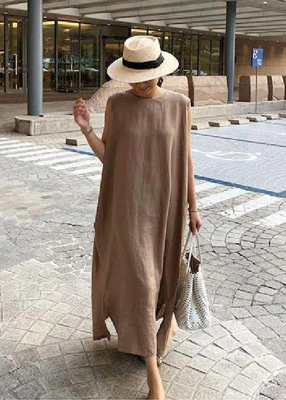 O Neck Side Open Linen Cotton Clothes Fabrics Print2 Dress