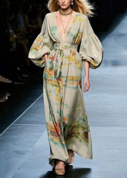 Apricot Cinched Print Cotton Long Dress Lantern Sleeve