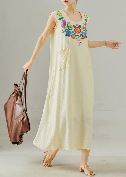 Apricot Embroidered Cotton Long Dress Sleeveless