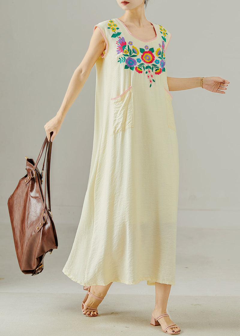 Apricot Embroidered Cotton Long Dress Sleeveless
