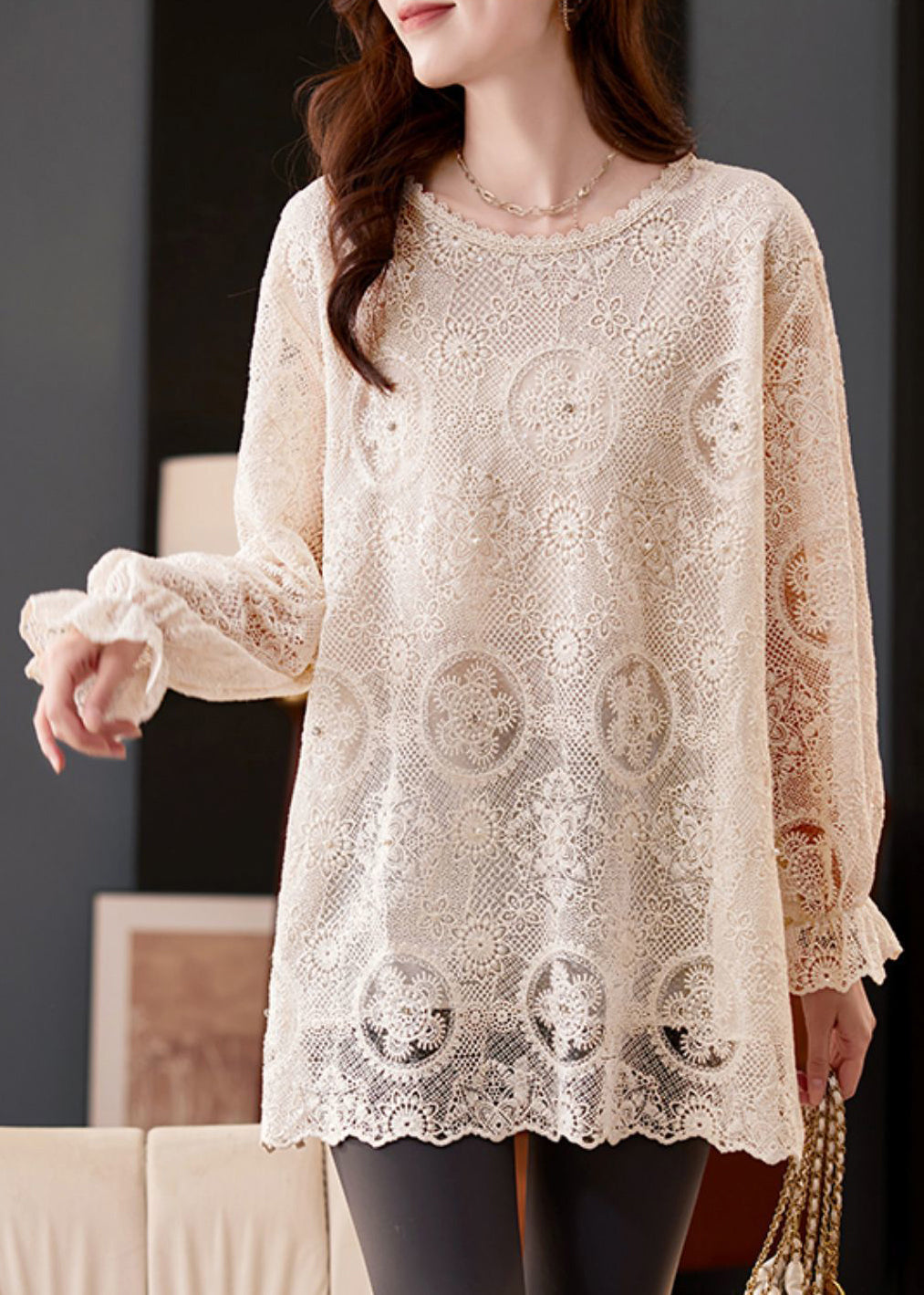 Boho Apricot Embroidered Hollow Out Chiffon Top Flare Sleeve