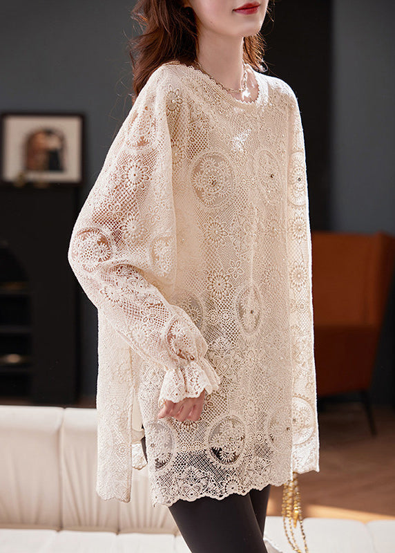 Boho Apricot Embroidered Hollow Out Chiffon Top Flare Sleeve