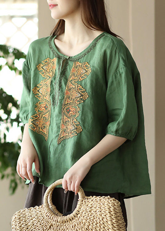 Apricot O-neck Embroideried Low High Design Ramie Shirts Summer