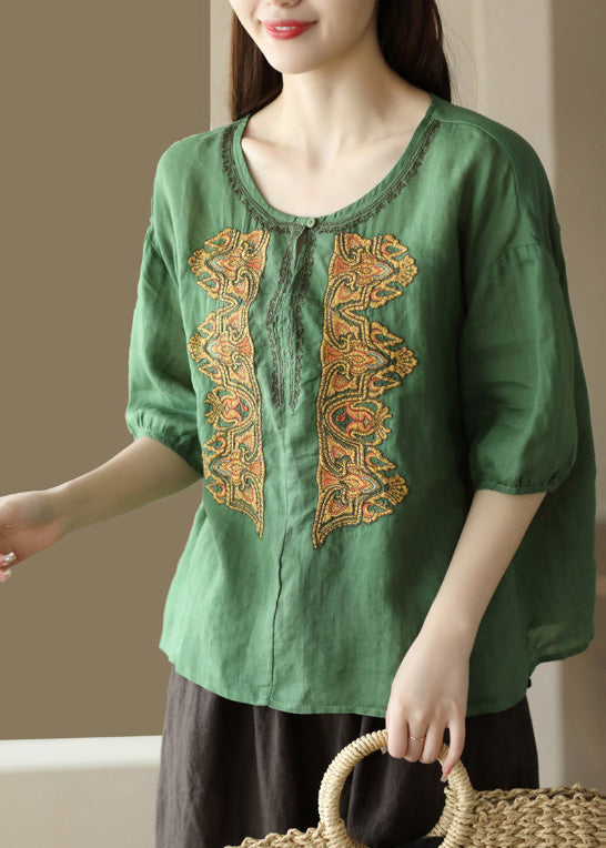 Apricot O-neck Embroideried Low High Design Ramie Shirts Summer