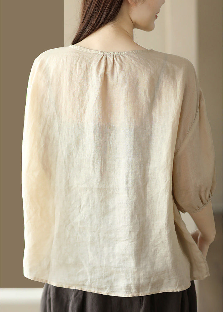Apricot O-neck Embroideried Low High Design Ramie Shirts Summer
