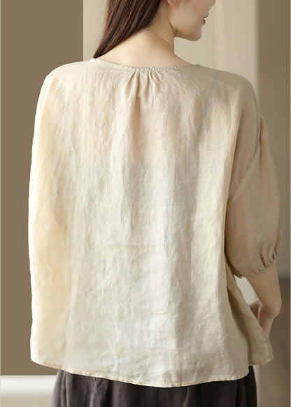 Apricot O-neck Embroideried Low High Design Ramie Shirts Summer