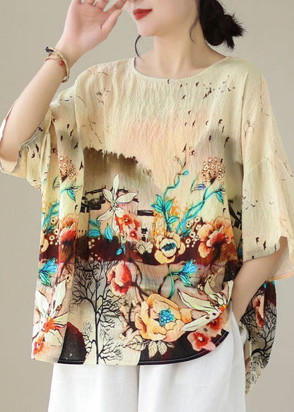 Apricot O Neck Print Patchwork Linen T Shirt Tops Summer