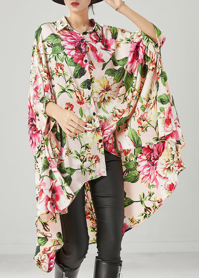 Apricot Print Low High Design Chiffon Shirt Dresses Spring