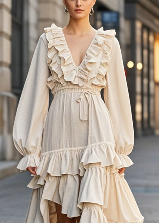 Apricot Ruffled Asymmetrical Design Cotton Cinched Dress Spring