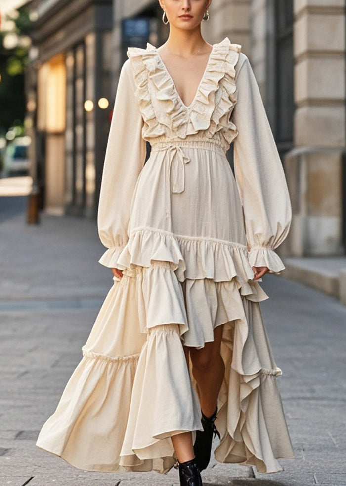 Apricot Ruffled Asymmetrical Design Cotton Cinched Dress Spring