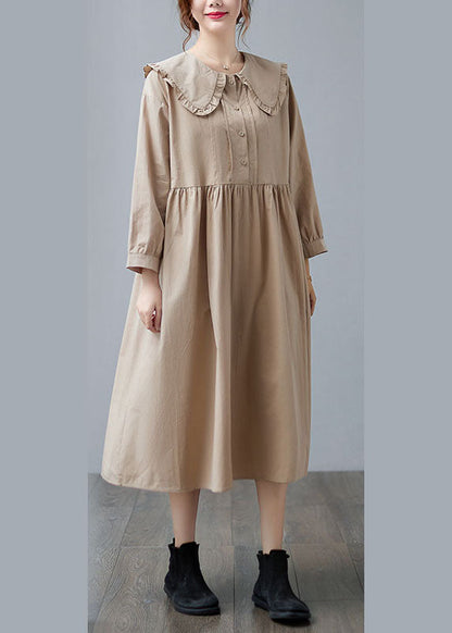 Apricot Ruffled Patchwork Button Fall Dress Long Sleeve
