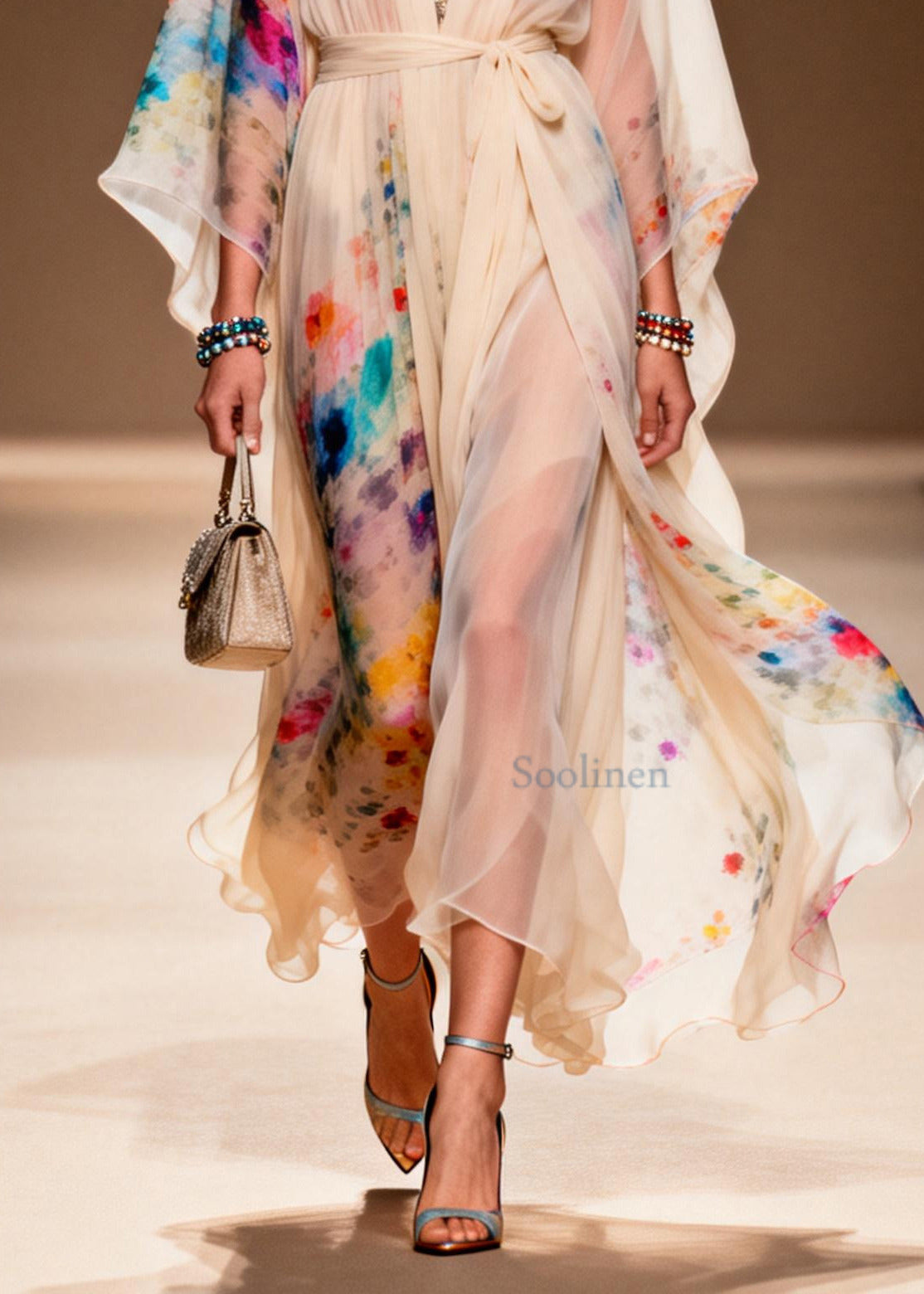 Apricot Tie Waist Print Chiffon Ankle Dress Summer