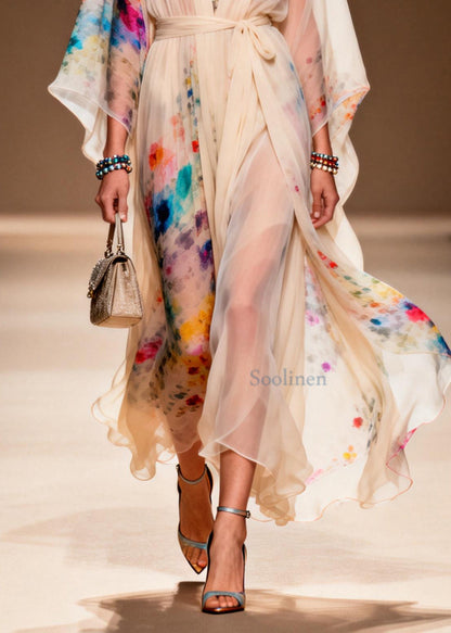 Apricot Tie Waist Print Chiffon Ankle Dress Summer