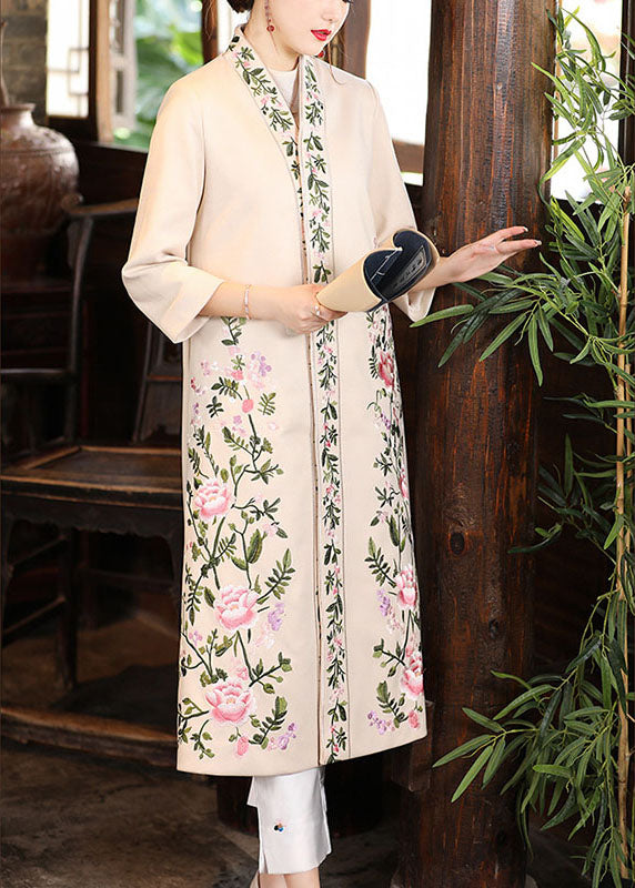 Apricot V Neck Print Oriental Fall Winter Three Quarter Sleeve Coat