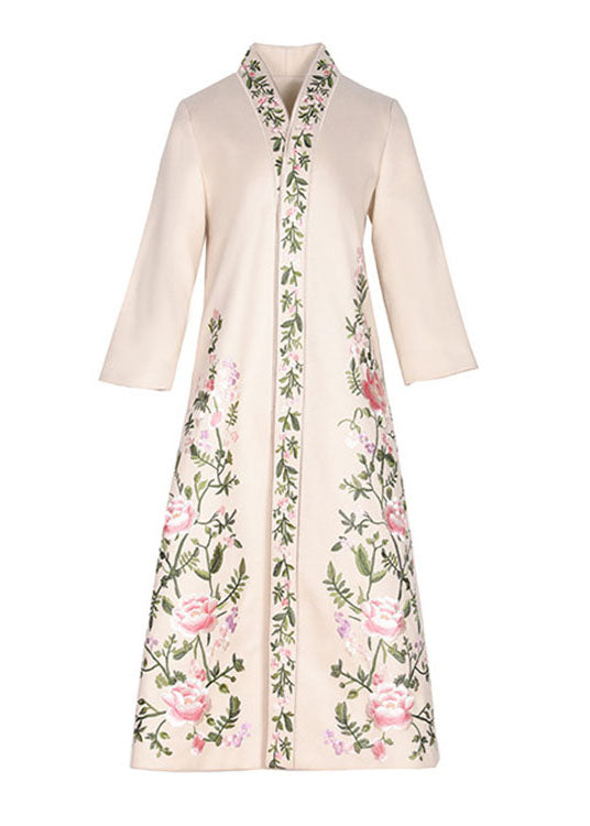 Apricot V Neck Print Oriental Fall Winter Three Quarter Sleeve Coat