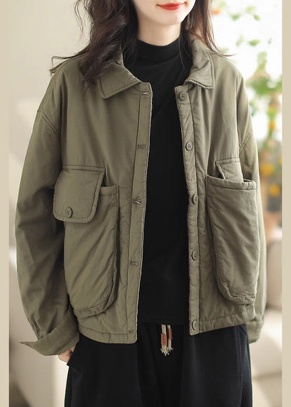 Army Green Oversized Pockets Fine Cotton Filled Parkaer Winter