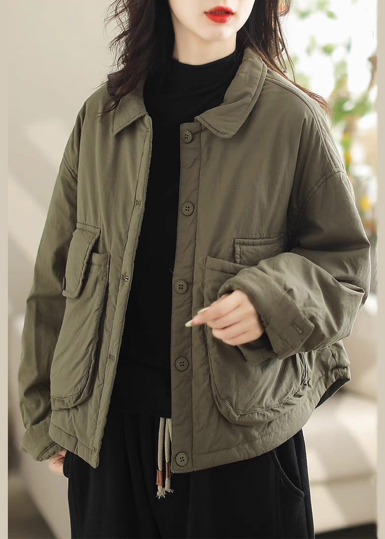 Army Green Oversized Pockets Fine Cotton Filled Parkaer Winter