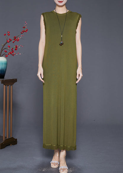 Army Green Tasseled Slim Fit Knit Dresses Sleeveless