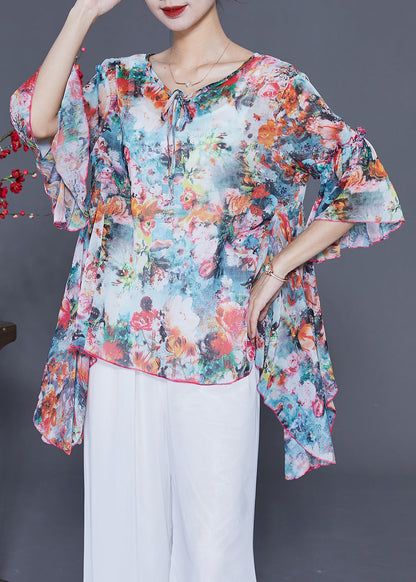Asymmetrical Design Print Chiffon Shirts Flare Sleeve