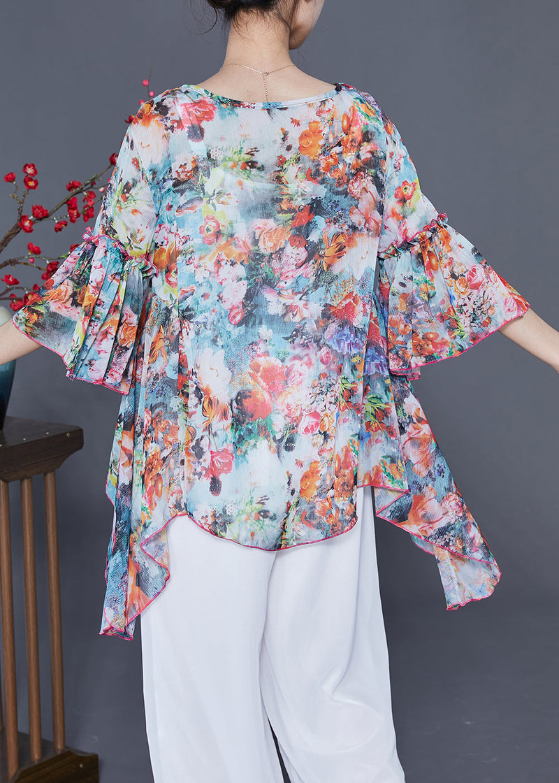 Asymmetrical Design Print Chiffon Shirts Flare Sleeve