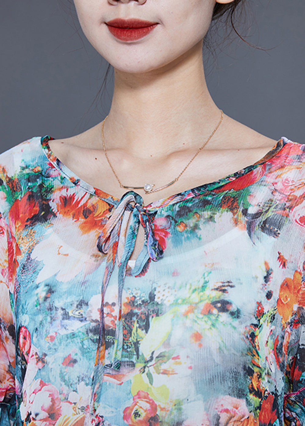 Asymmetrical Design Print Chiffon Shirts Flare Sleeve
