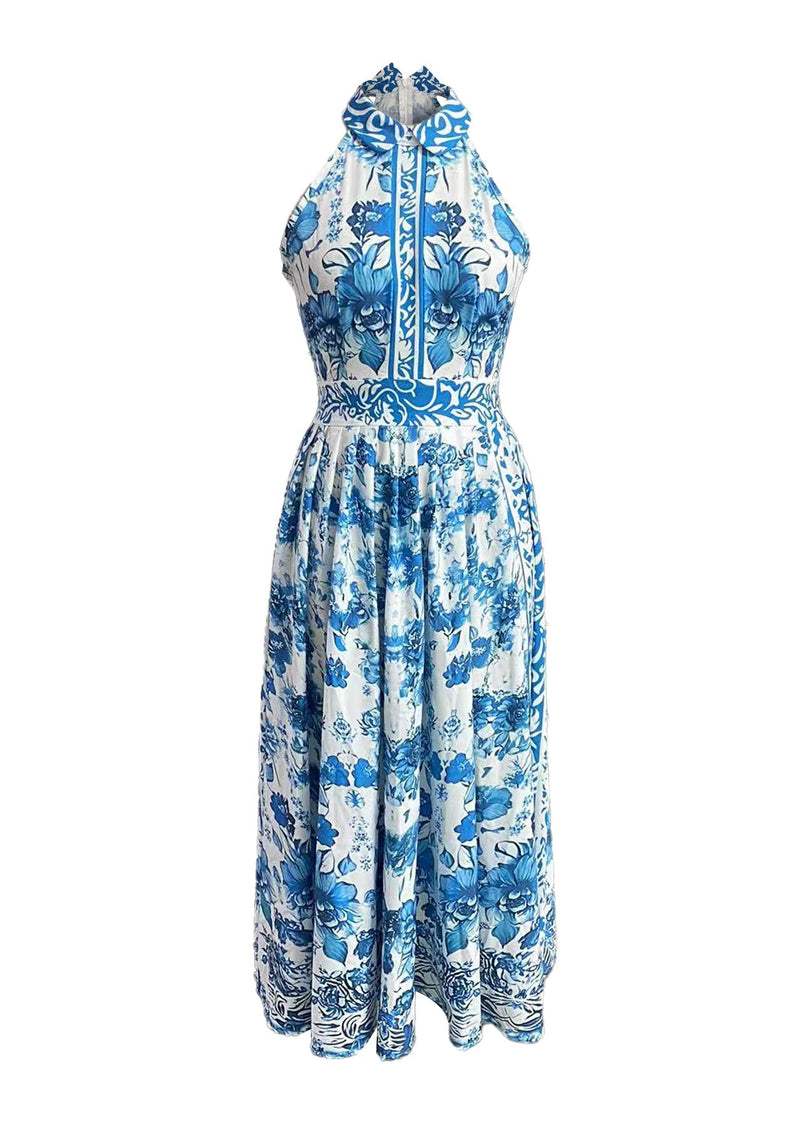 Baby Blue Peter Pan Collar Print Maxi Dress Summer