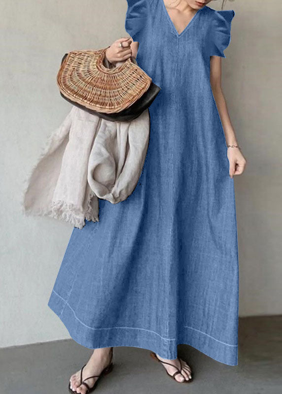 Baby Blue V Neck Ruffled Patchwork Denim Dress Summer
