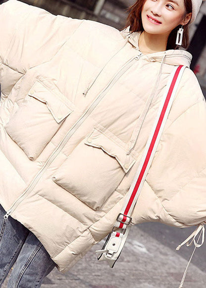Beige Bat Wing Sleeve Pockets Loose Winter Down Jacket