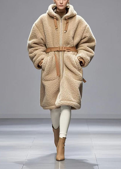 Beige Cinched Warm Fleece Hoodies Outwear Winter