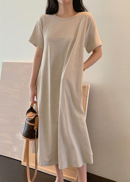 Beige Loose Cotton Maxi Dress Short Sleeve