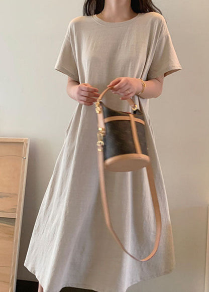 Beige Loose Cotton Maxi Dress Short Sleeve