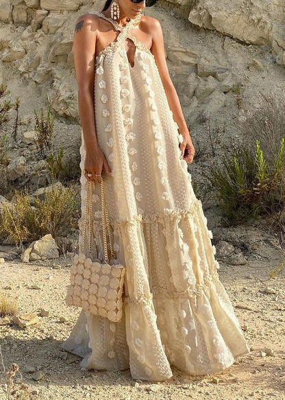 Beige Neck Tie Patchwork Holiday Maxi Dresses Summer