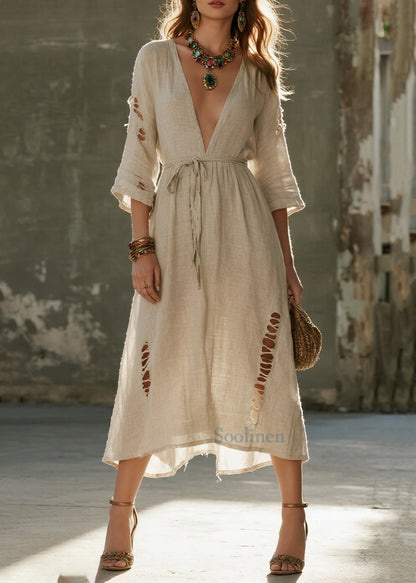 Beige Tie Waist Ripped Linen Vacation Dress Bracelet Sleeve