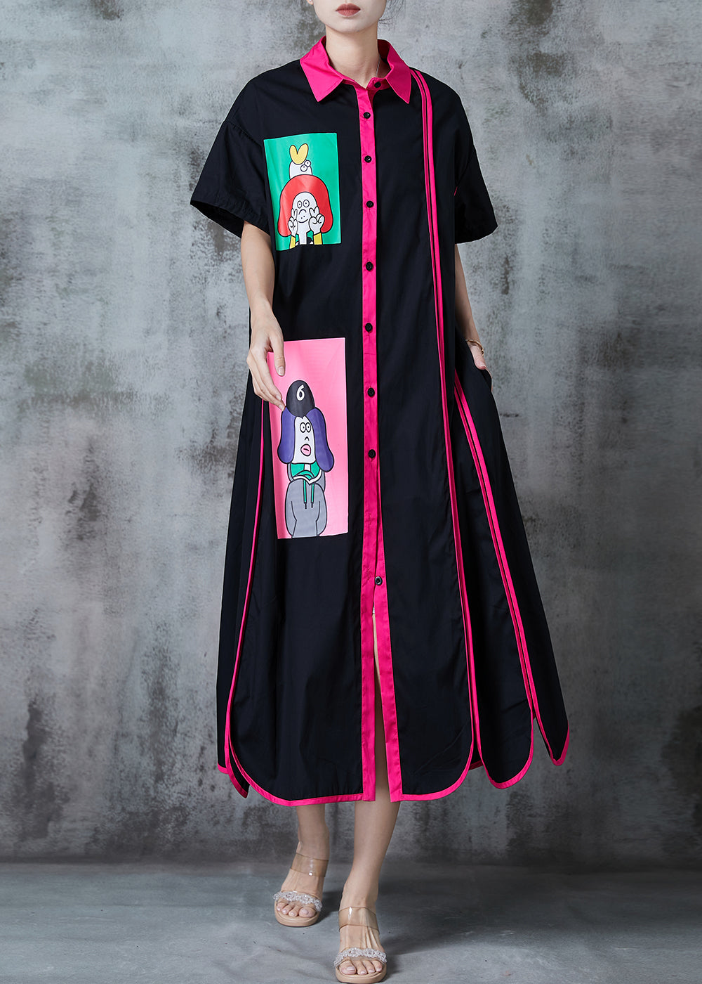 Black Applique Patchwork Cotton Vacation Dresses Summer