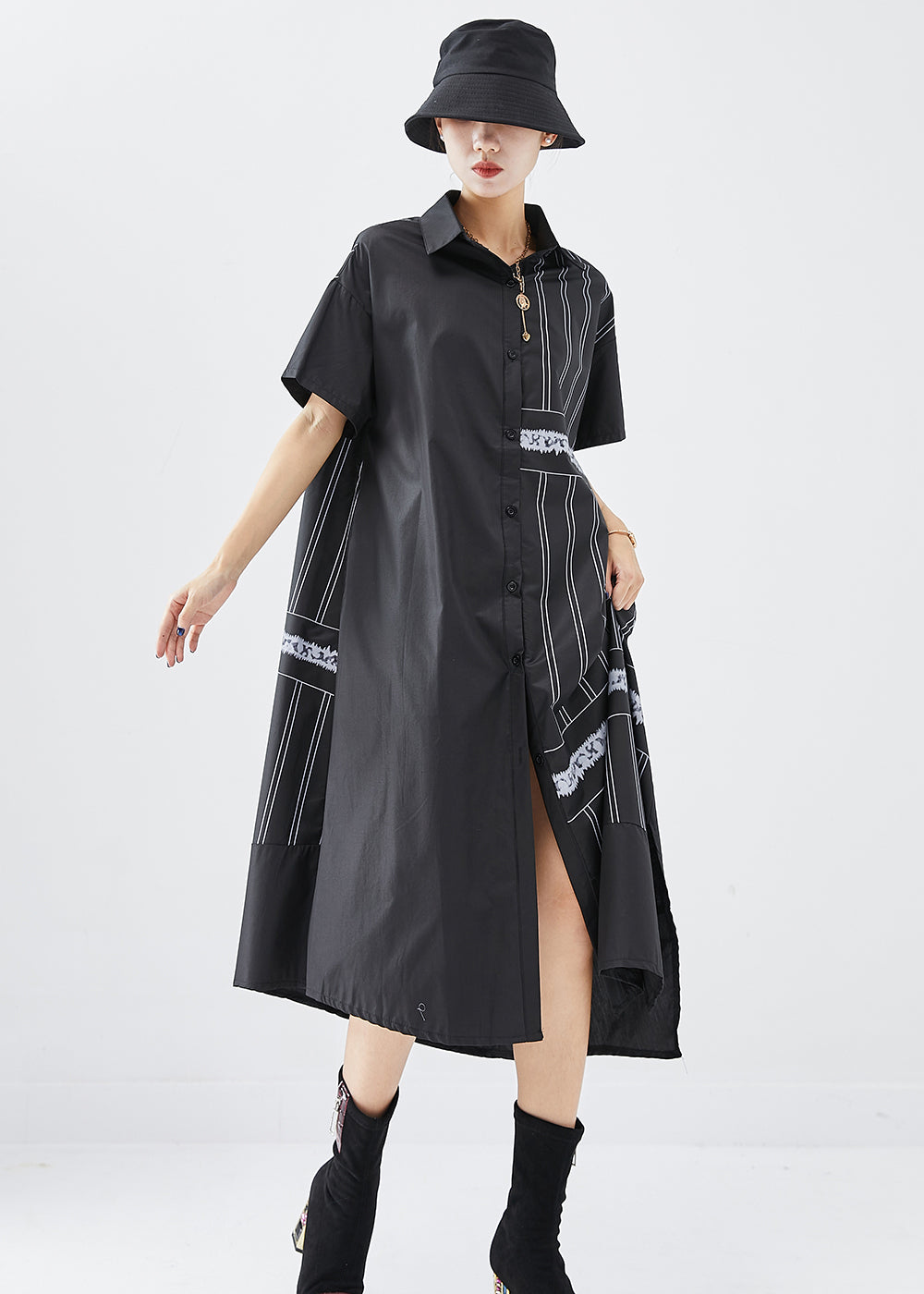 Black Asymmetrical Patchwork Cotton Dress Summer