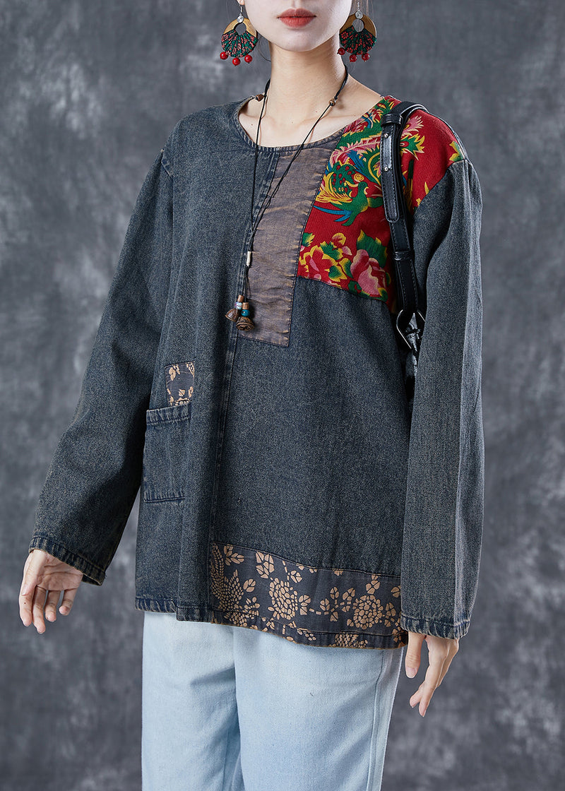 Black Asymmetrical Patchwork Denim Sweatshirts Top Spring