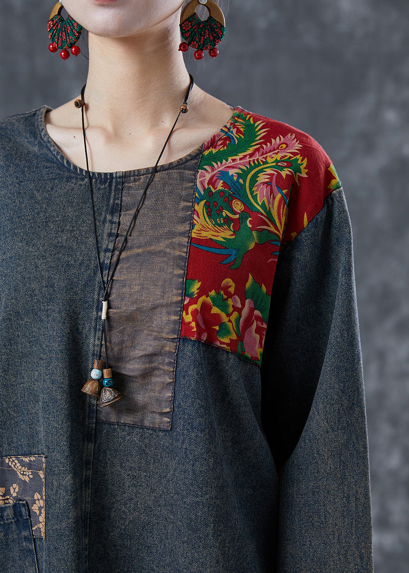 Black Asymmetrical Patchwork Denim Sweatshirts Top Spring