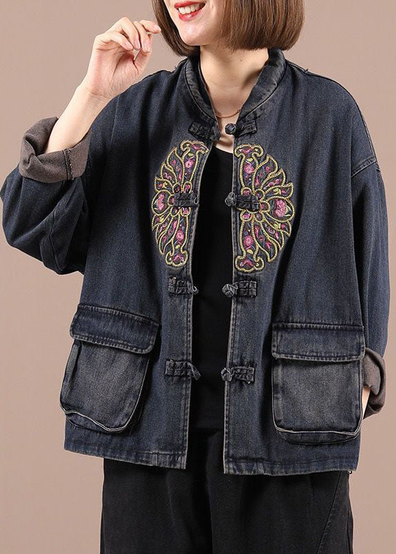Black Button Embroideried Pockets Fall Denim Jackets