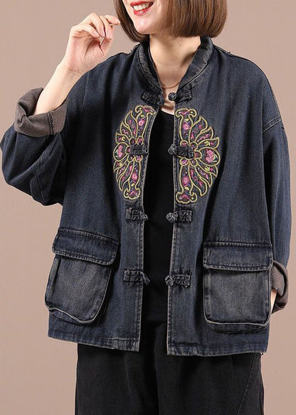 Black Button Embroideried Pockets Fall Denim Jackets