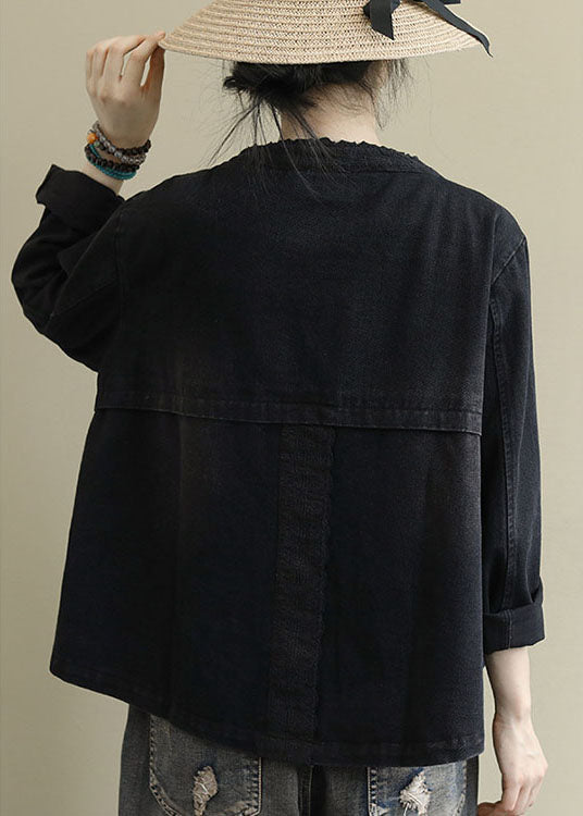 Black Button Embroideried Fall Denim Coat