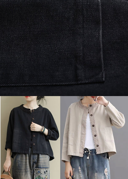 Black Button Embroideried Fall Denim Coat