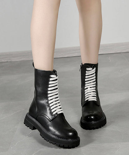 Black Chunky Cowhide Leather Cross Strap Boots