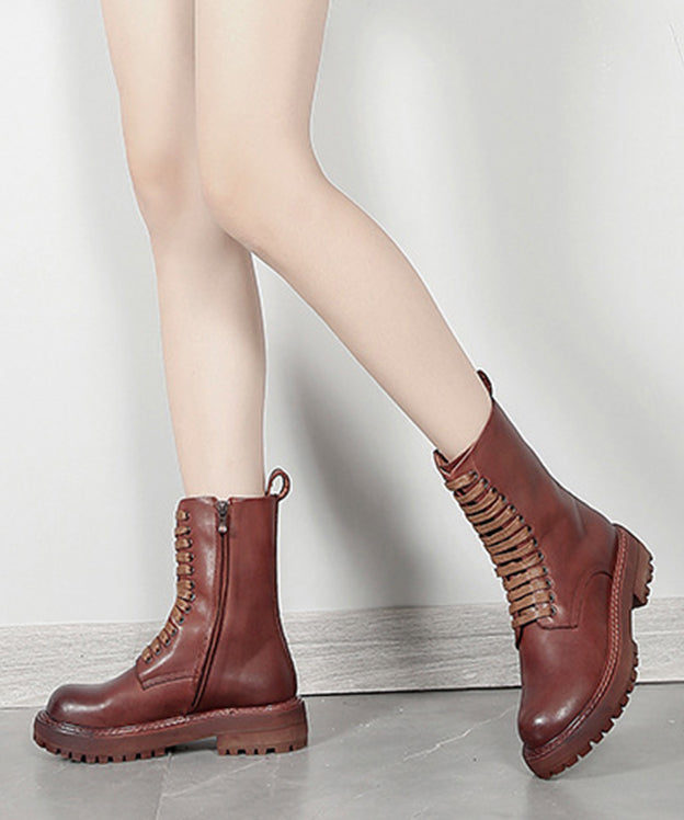 Black Chunky Cowhide Leather Cross Strap Boots