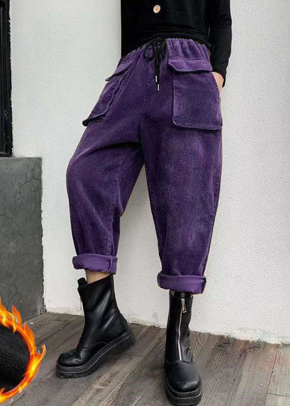Black Cinched Pockets Corduroy Pants Winter