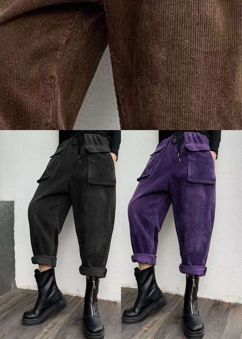 Black Cinched Pockets Corduroy Pants Winter