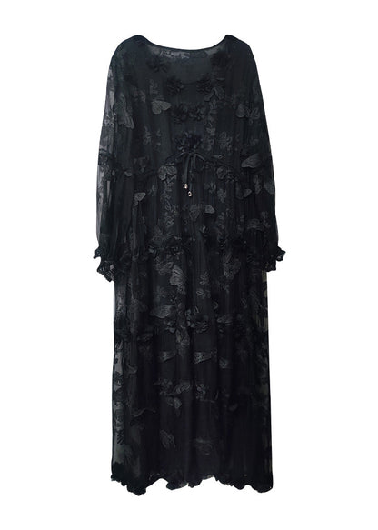 Black Embroidered Butterfly Silk Dress Summer