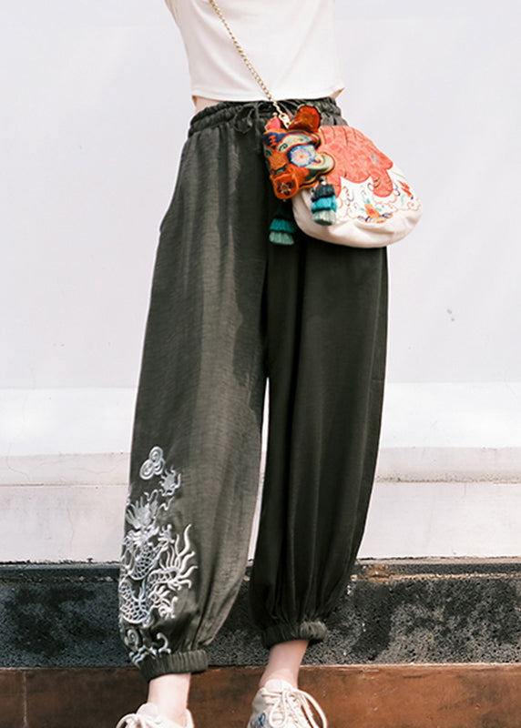 Black Embroideried Pockets Tie Waist Crop Pants Fall