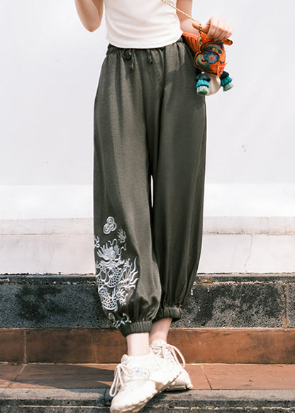 Black Embroideried Pockets Tie Waist Crop Pants Fall
