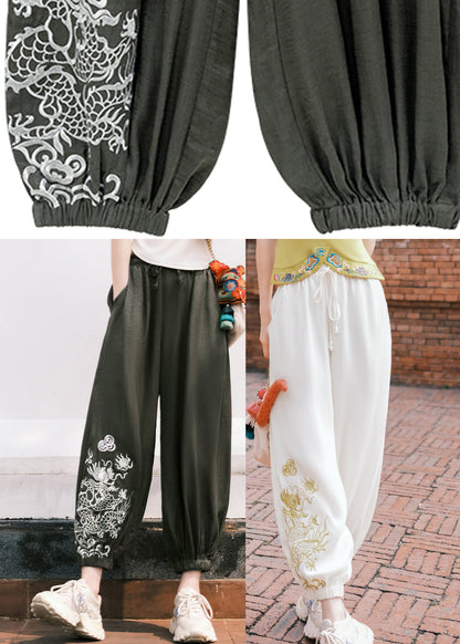 Black Embroideried Pockets Tie Waist Crop Pants Fall